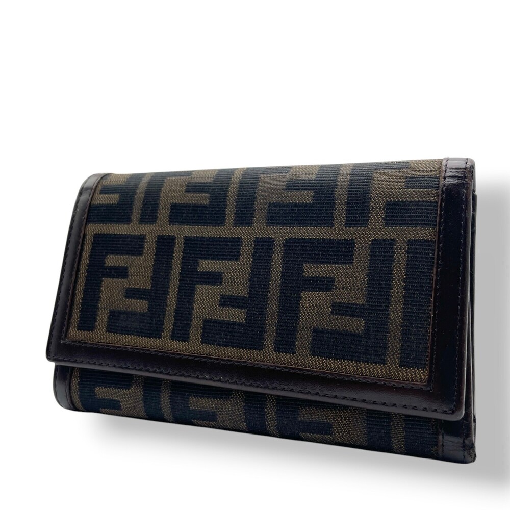 FENDI Zucca FF Logo Long Wallet, Bi-fold Brown Canvas Leather Flap Men's/Wome...